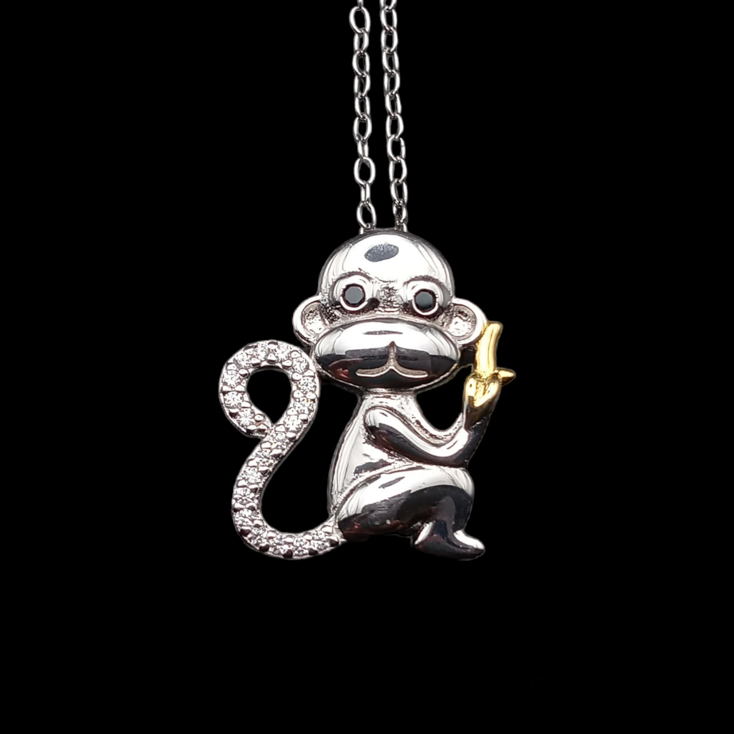 925 Sterling Silver 2 Toned CZ Monkey Necklace - BGP01317