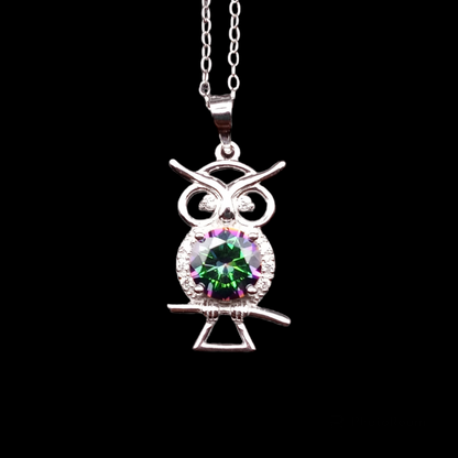 925 Sterling Silver Mystic Topaz CZ Owl Necklace