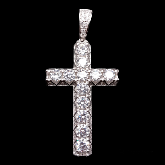 925 Sterling Silver CZ Crown Set Cross Pendant - SLP00101