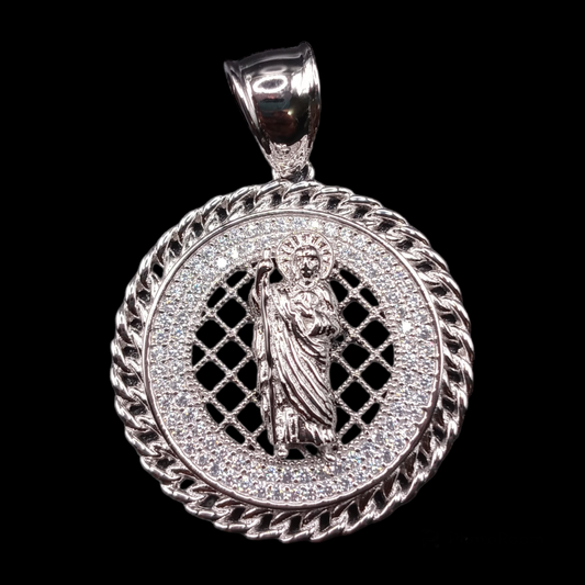 925 Sterling Silver CZ Encrusted Saint Jude Disc Pendant