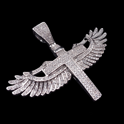 925 Sterling Silver CZ Angel Wing Cross Pendant - SLP00042