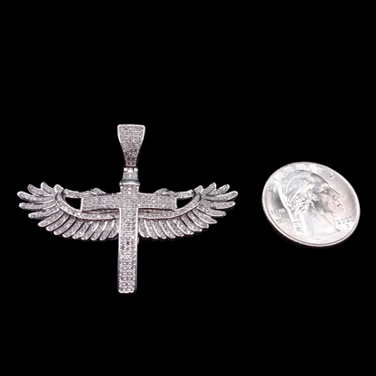 925 Sterling Silver CZ Angel Wing Cross Pendant - SLP00042