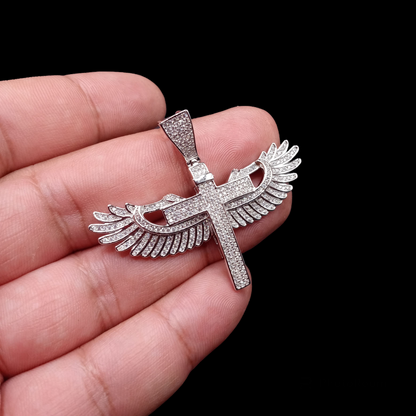 925 Sterling Silver CZ Angel Wing Cross Pendant - SLP00042