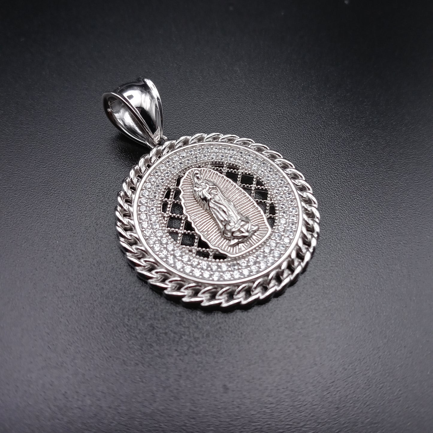 925 Sterling Silver CZ Disc Lady of Guadalupe Pendant