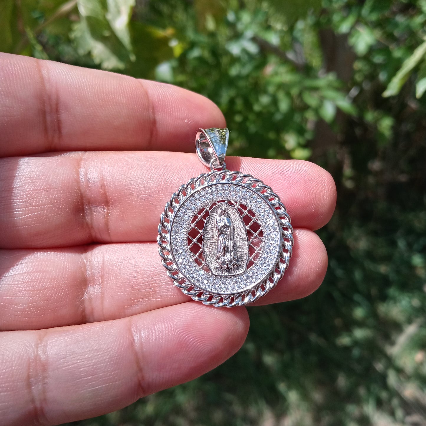 925 Sterling Silver CZ Disc Lady of Guadalupe Pendant