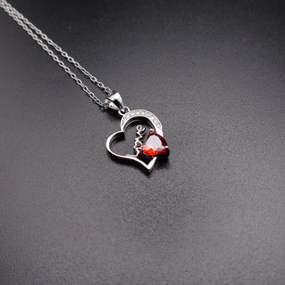 925 Sterling Silver Love Heart Clear & Red CZ Necklace