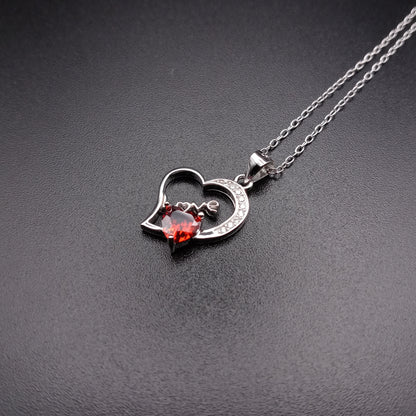 925 Sterling Silver Love Heart Clear & Red CZ Necklace