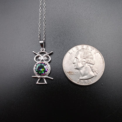 925 Sterling Silver Mystic Topaz CZ Owl Necklace