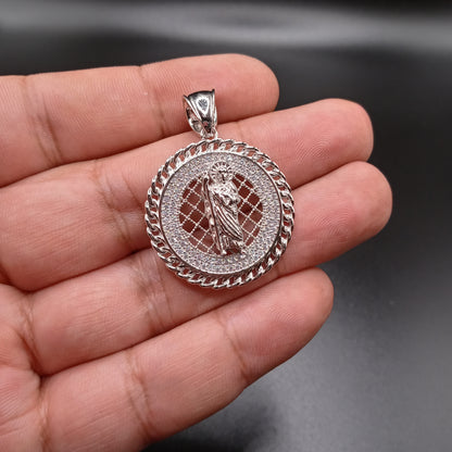 925 Sterling Silver CZ Encrusted Saint Jude Disc Pendant